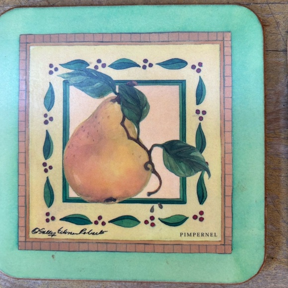 Set of 5 Vintage Pimpernel Fruit Theme Teal Border Cork Back Coasters 4 1/8” - Picture 6 of 8